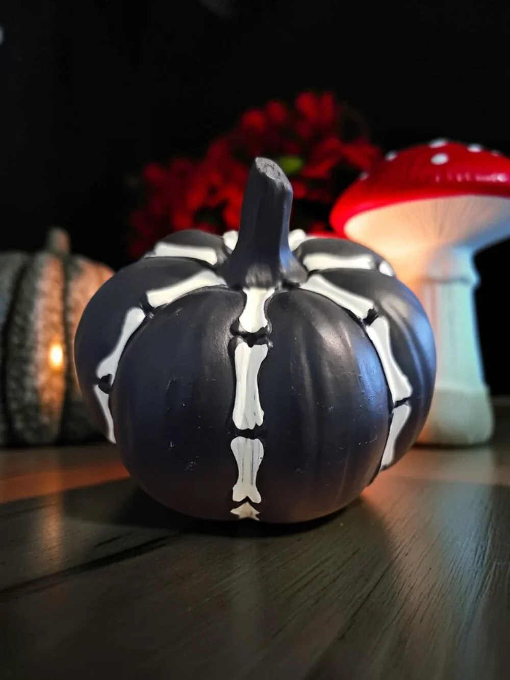 Spooky Pumpkin Décor – Black Skeleton‑Style Pumpkin – Halloween Tabletop